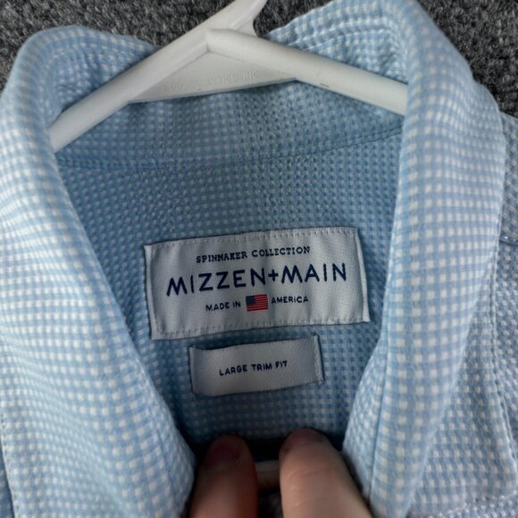Mizzen + Main Men Long Sleeve Button Up Shirt Stretch Blue Check Large Trim Fit* - Picture 8 of 16
